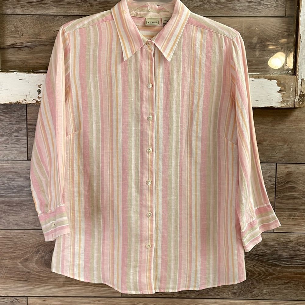 L.L. Bean Linen Button Up Long Sleeve Shirt Top Blouse Size Medium,Pink, Stripes